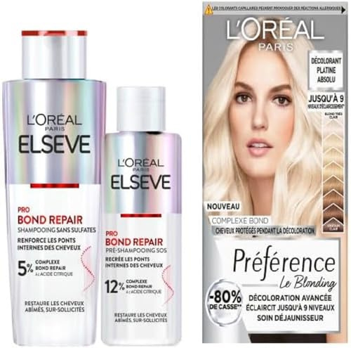 L’ORÉAL PARIS - Coffret Décoloration et Soin Réparateur - 3 Produits - Elseve Pro Bond Repair Pré-Shampooing Sos 200 ml + Shampooing sans Sulfates 200 ml + Préférence Décoloration Platine Absolu