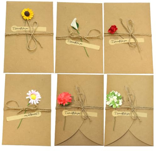 6 Pz Biglietto Di Auguri Cartolina Buste, Retrò Carta Kraft Fiori Secchi Confezione da Biglietto Auguri Compleanno, Biglietti di Auguri Fatti a Mano DIY,per Diverse Occasioni Benedizione