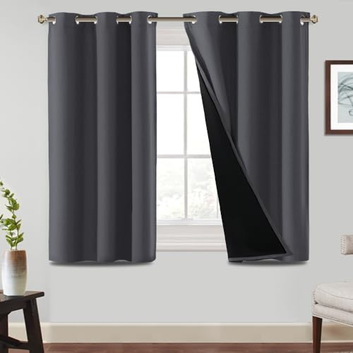 BellaHills 100% Blackout Curtains for Bedroom Thermal Insulated Blackout Curtains Heat and Full Light Blocking Eyelet Curtains for Living Room with Black Liner 2 Panels, 46 x 54 Inch, Charcoal Grey