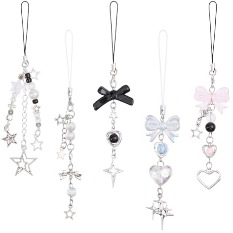 GLOBLELAND 5 Stück Handykette Universal Kurz Handyanhänger Charms Stern Schlüsselanhänger Bowknot Süße Bag Charms Phone Charm Zubehör für Tasche Schlüsselanhänger Kamera Geldbörse Dekor