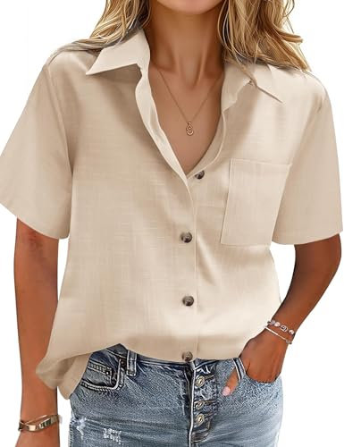 Zeagoo Women's Short Sleeve Shirts Cotton Blouse Ladies Office Shirt Basic Fitted Shirts Button Placket Tops V-Neck Top Khaki L