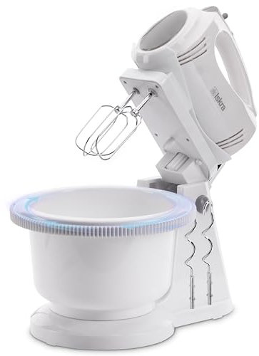Iskra Handmixer mit Behälter, Handrührgerät mit Drehbehälter, 5 Geschwindigkeitsstufen und Turbo Funktion, 2 Edelstahl Rührbesen & 2 Edelstahl Knethaken, 300W