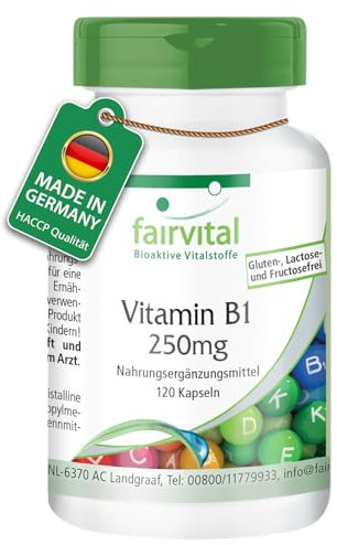 Fairvital | Vitamin B1(Thiamin) 250mg - 120 Kapseln - qualitätsgeprüft und hochdosiert - 100% vegan - Made in Germany