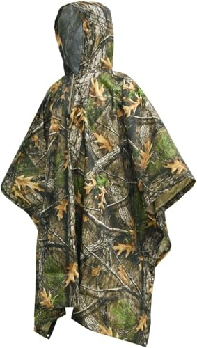 Camouflage Jagd Regenponcho, 3-in-1 Mehrzweck Regen Poncho Wasserdicht, Leicht & Schnell Trocknend, Camo Poncho Herren & Damen, Wiederverwendbar, Tarnzelt, Tarnanzug, Regencape mit Kapuze (Camo)