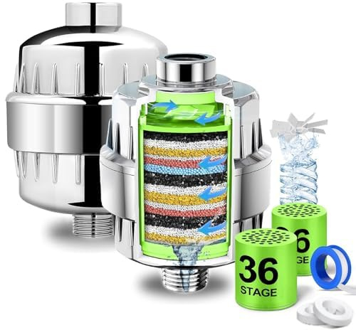 2 Pcs 36-Stage Shower Head Filter with Vitamin C E for Hard Water-Upgraded Replaceable Cartridge,High Output Water Filter for Removing Chlorine and Fluoride, Water Filter for Shower–Improves Skin&Hair