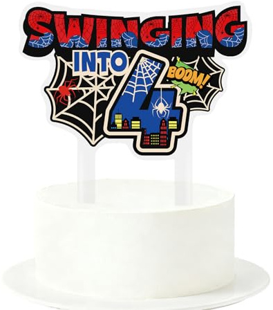 Spider 4th Birthday Cake Topper, Spider Web Theme Cake Decorations Swinging into Design Birthday Party Decorations for Kids Boys Girls Baby Shower Supplies