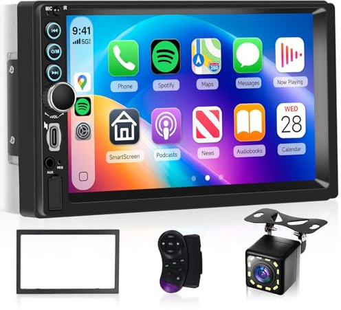 Hodozzy Doppel DIN Autoradio mit Wireless Carplay Android Auto, 7-Zoll-Touchscreen 2 DIN Radio mit Bildschirm Bluetooth, Mirror Link, SWC, FM, Typ C/USB/AUX, Car Multimedia Player mit Rückfahrkamera