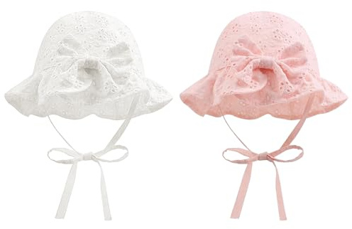 MLPKOI 2 Pcs Sombrero de Sol para Bebé, Gorro de Encaje para Bebé o Niña Ajustable Bucket Sun Hat Diseño de Nudo Gorra de Playa para Niños Pequeños Niñas