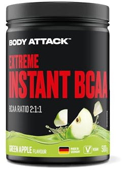 Body attack Extreme Instant BCAA - 500 g - Green Apple - Made in Germany - Gut lösliches, veganes BCAA Pulver im Verhältnis 2:1:1 - Zuckerfreie Aminosäuren für intensives Training - Mit L-Leucin