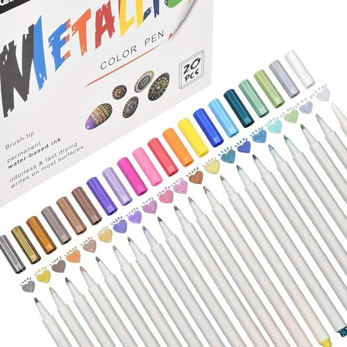 DealKits Permanent Metallic Marker Stifte, 20 Farben Premium Metallischen Stift Pens für Kartenherstellung DIY Fotoalbum Gästebuch Hochzeit Papier Glas Kunststoff Stein - 1MM