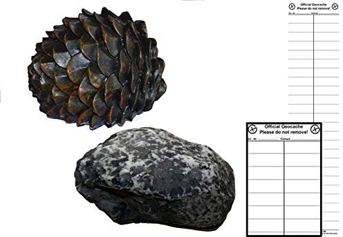 Geocaching Versteck Set Paket Fake Stein + Tannenzapfen + 10 Logstreifen