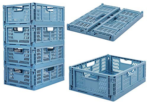 4 Pack Plastic Storage Crates Foldable Shelf Storage Basket Bins for Food Fruit Vegetables Snacks Bottles Toys Toiletries, Home Kitchen Office Storage Box Pantry Organization Cabinet Organizer