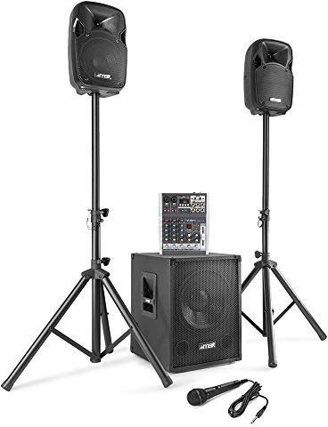 Complete PA System Package - Max MX700 Speaker Set, 12 Subwoofer & Vonyx 4-Channel Mixer, Bluetooth, Microphone Included - Ideal for Vocalist & Band Live Performances
