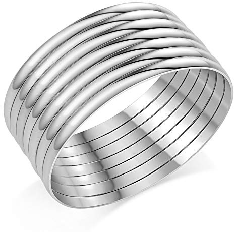 Castillna Glossy Stainless Steel Bangle Bracelets Set for Women, Silver, Set of 7 Pieces, 7.8 inches