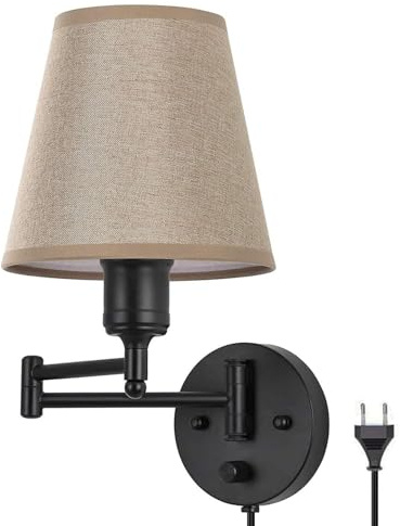 Vägglampa svart metall vintage justerbar svängbar arm vägglampa med strömbrytare, 1,6 m kabel med kontakt, tygskärm, E27 sänglampa Vägg läslampa för vardagsrum, sovrum, hall,1 pack