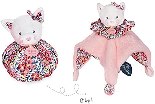 Doudou et Compagnie - Peluche Chat Rose 3 en 1 Réversible : 1 Chat + 1 Marionnette = 1 Petit Sac pour se Promener - 25 cm - Collection Petits Futés - Idée Cadeau - Garantie Doudou Perdu - ‎DC3933
