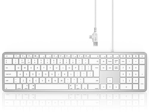 Seenda JP208 Wired Keyboard for Mac OS, Slim External Full-size Keyboard with Numeric Pad & USB A and Type C 2-in-1 for Apple Mac, iMac, MacBook Pro/Air/Mini, UK Qwerty Layout - White and Silver