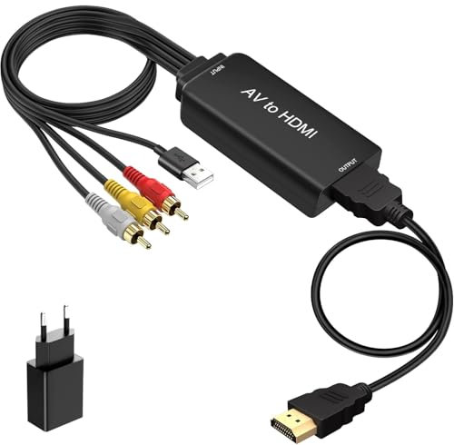 Ozvavzk AV auf HDMI Konverter, 1080P Composite CVBS AV zu HDMI Video Audio Konverter mit HDMI-Kabel für PS2 Box SNES N64 VHS VCR Videorecorder DVD, Unterstützt PAL/NTSC