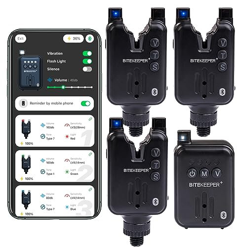 RIPPTON BITEKEEPER PRO Wiederaufladbarer intelligenter Bissanzeiger mit Empfänger, 3 + 1 Set, Bluetooth-App-Verbindung, kabellos, LED-sensibler Alarm, Angelbissanzeiger für Karpfenangeln bei