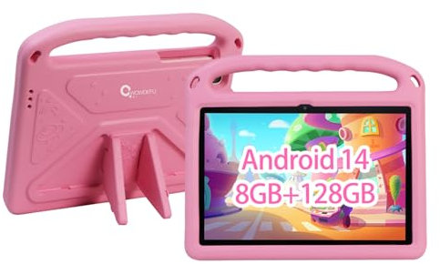 CWOWDEFU 10 Zoll Kinder Tablet,Android 14 Tablet für Kinder mit Family Link Kindersicherung, 8GB+128GB bis zu 1TB,WiFi 6,GMS,Lerntabletts für Kleinkinder,stoßfestes Eva Gehäuse Face ID(Pink)
