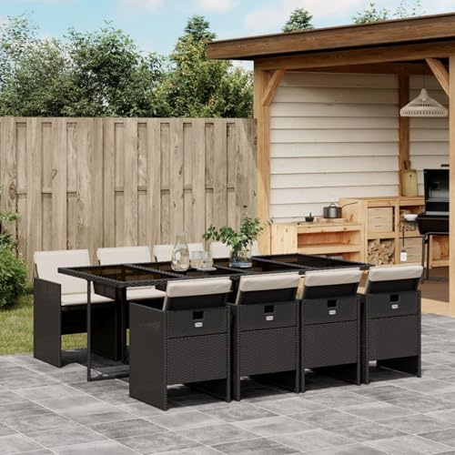 Homgoday Juego de 9 muebles de jardín con cojines y sillas de jardín con mesa, muebles de balcón, grupo de comedor para 8 personas, para jardín, terraza, color negro y blanco crema