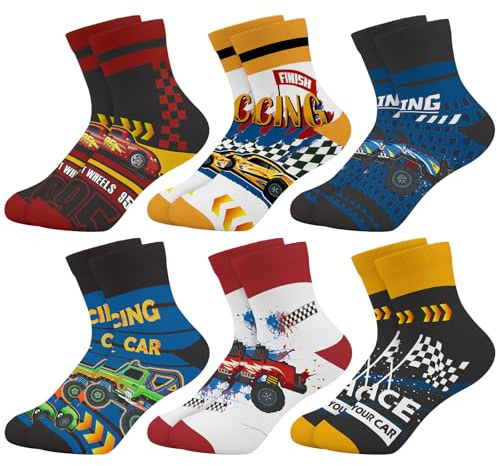 Queenshin 6 Pares Calcetines Niños Infantiles Patrón de Camión de Ingeniería Genial Calcetín Tobillero Transpirables Regalos 3-5 años Tamaño 25-28