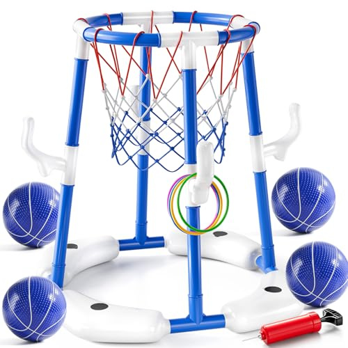 JUKUDAHU Swimming Pool Basketball Hoop Toy for Kids 2 3 4 5 6 Years Old - Floating Pool Basketball Game Toys with 4 Balls Air-Pump, Outdoor Play, Poolside Summer Water for Boys Girls Age 4-8-12(Blue)