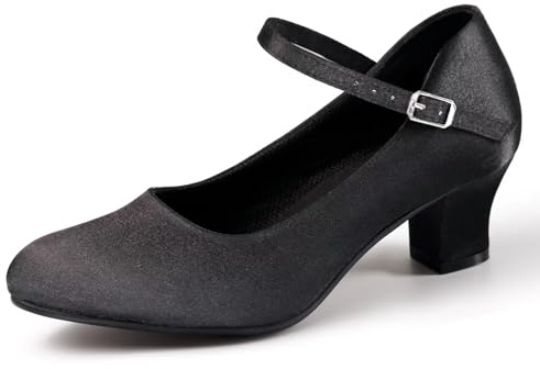 Asyusyu Character Shoes for Women 1.55 Heel Black Satin Ballroom Dance Shoes-4 UK