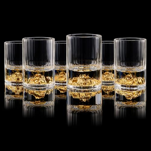 DUJUST Verres à Shot Montagne Dorée (45 ml), Set de Verres en Cristal Décorés avec Montagne en Or 24K, sans BPA ni Plomb, Parfait pour Décoration & Collection, Idée Cadeau - 6 pcs