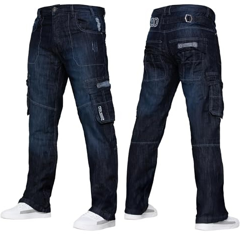 989Zé ENZO Mens Cargo Combat Jeans Casual Cotton Denim Straight Leg Pants Trousers Dark Blue 36W / 30L
