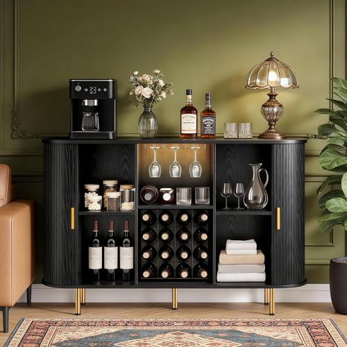 DHH 55 Wine Bar Cabinet with Storage, Fluted Liquor & Coffee Bar Cabinet with Wine Rack and Glass Holder, Buffet Sideboard with LED Lights for Home Kitchen Living Dining Room (Black)
