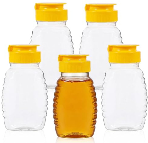 SNSYGN 5 dispensadores de miel, botella pequeña transparente de 104 ml, tarros de miel rellenables, tarros de miel con tapa abatible para miel, salsa de tomate, aderezo para ensaladas, rellenables