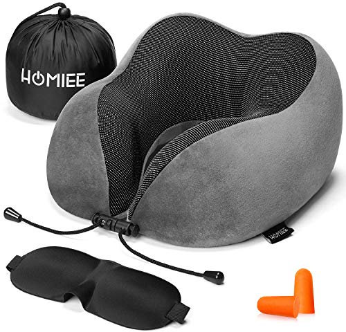 HOMIEE Almohada de Viaje para Cuello, Collarin Cervical para Avión Tren y Coche, Cojin Cervical Viscoelastico, con Máscara de Tapones, Ojos y Bolsa