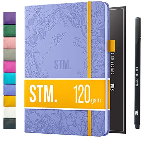 A5 Bullet prickig journal anteckningsbok av STM | tjockt blödningssäkert 120 gsm papper, 215 sidor | lägg platt veganskt läder inbunden | 2 bokmärken, tryckta sidnummer | Svart penna | 14,7 x 21,5 cm