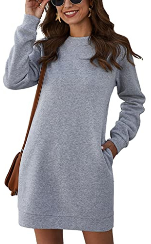 ORANDESIGNE Vestiti Casual da Donna Moda Linea A Abito in Maglione Girocollo Elegante Mini Abito Corto A Maniche Lunghe Tinta Unita Sweatshirt Felpa Lunga Pullover Invernale