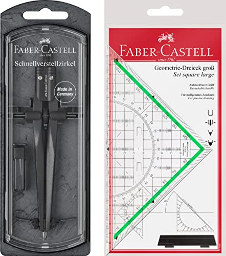 Faber-Castell 174530 - Schnellverstellzirkel Stream, Blackstone mit original Geodreieck 20cm (mit Griff)