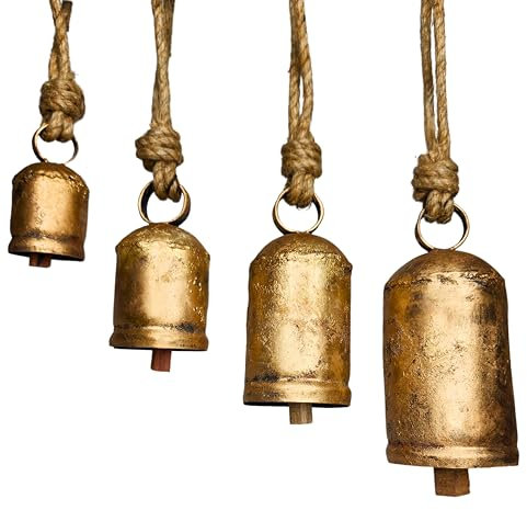 BELLUXE Set of 4 Harmony Cow Bells Vintage Handmade Rustic Lucky Christmas Hanging Decor Bells on Rope
