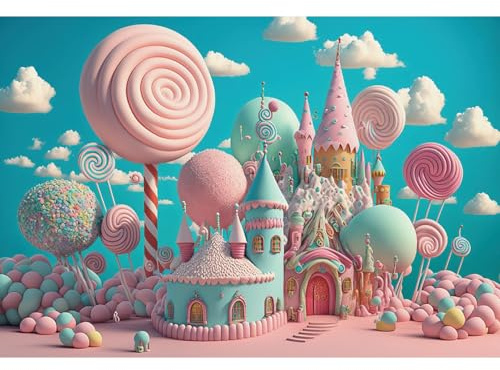 MIRRORANG 2,2 x 1,5 m Sfondo fotografico Candy Land, cartone animato, lecca-lecca gigante, casa di cioccolato, palloncino, sfondo per bambina, principessa, festa di compleanno, baby shower