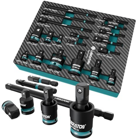 LIBRATON 20-tlg Steckschlüssel Adapterset, Schlagschrauber Stecknussadapter, inkl. Cr-V Stecknuss Adapter, Cr-Mo Kardangelenke, Cr-V Sechskant Stecknuss Adapter, XPE-Gehäuse, für Autoreparatur