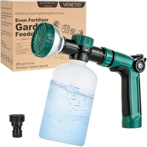 VENETIO 8-Dial Hose-End Sprayer for Liquid Fertilizer & Chemicals | Multi-Purpose Lawn and Garden Nozzle Spreader for Uniform Fertilizing, Pet Washing and Outdoor House Cleaning, 34oz Dispenser Bottle