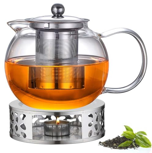 Tetera de 1300 ml con colador y tapa, tetera de vidrio borosilicato, tetera de cristal con filtro extraíble y calientaplatos, tetera de cristal para té suelto, té de frutas, té perfumado