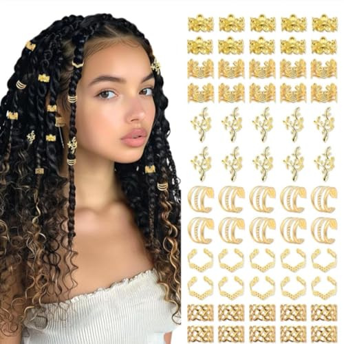 ZILZUFA Accesorios para Rastas para el Cabello, 60 Piezas Joyería del Pelo Trenzado, Trenzas de Metal para el Cabello Accesorios, Anillos de Trenza de Pelo, Puños de Trenza para el Cabello