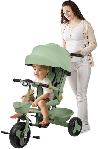 Poussette Tricycle à pédale4 en 1,Tricycle Enfants évolutif,Poussette Tricycle à pédale,et Pare-Soleil Pliable Amovible et Canne Parentale Ajustable-100 * 75 * 50cm-Vert