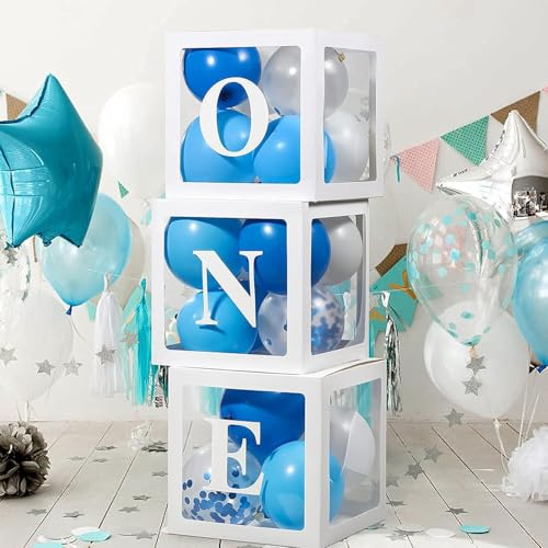3Pcs Balloon Boxes for 1st Birthday Decorations - White Transparent Cube Party Boxes with ONE Letters | Reusable Baby Shower & Gender Reveal Supplies | Ideal for Photography Backdrops