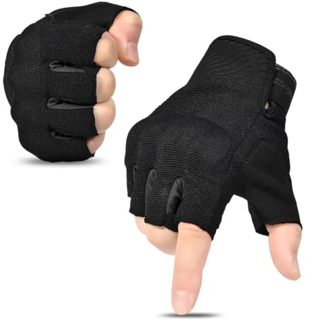 Harssidanzar Guanti da moto da uomo con mezze dita senza dita, piastre di protezione per nocche dure SM059EU,Nero,taglia S