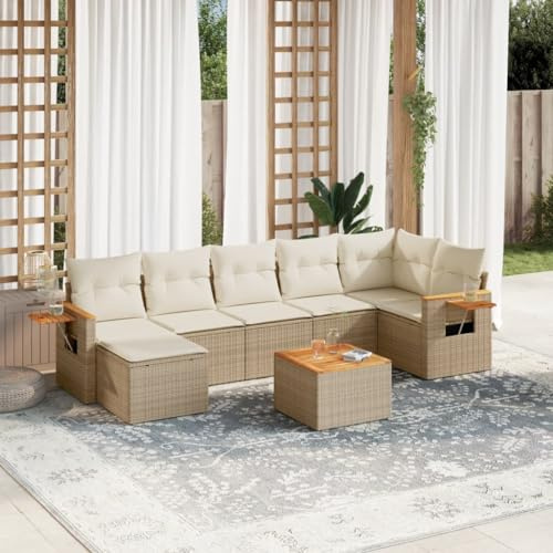 JHQHSM Set di 8 divani da giardino con cuscino, beige, polyrattan, in rattan sintetico, con vano portaoggetti e sacchetto impermeabile, rivestimento rimovibile, ripiani pieghevoli, design modulare