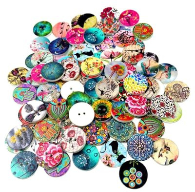 WINXMIN 100 Pezzi Bottoni in Legno Vintage per Cucire e Creazioni Fai da Te, bottoni colorati,in Resina Legnosa con Disegni Floreali Misti per DIY (20 mm) (F)