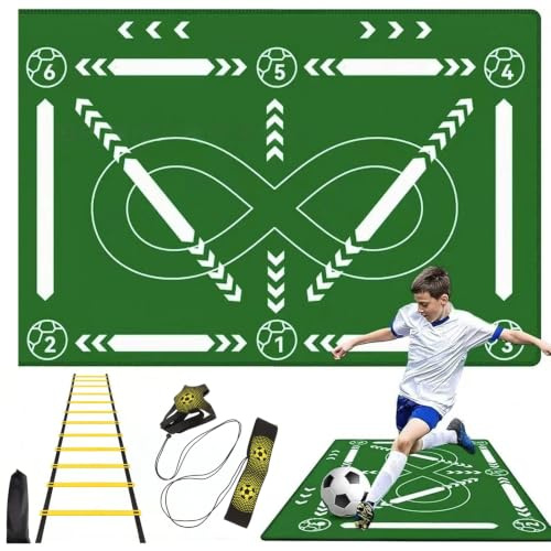 Set di allenamento da calcio, tappetino da calcio con allenatore di calcio e scala di coordinazione, 80 x 120 cm, tappetino da allenamento antiscivolo per controllo della palla e esercizi di passo