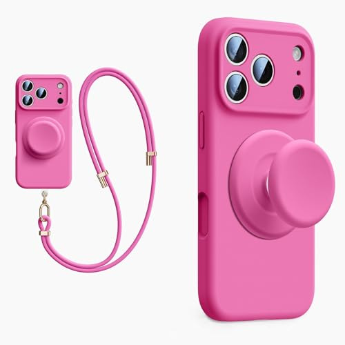 XZC Funda de silicona líquida para iPhone 17 Pro Max, con soporte emergente, cordón cruzado, compatible con MagSafe, protección completa de la cámara, (rosa, iPhone 15)