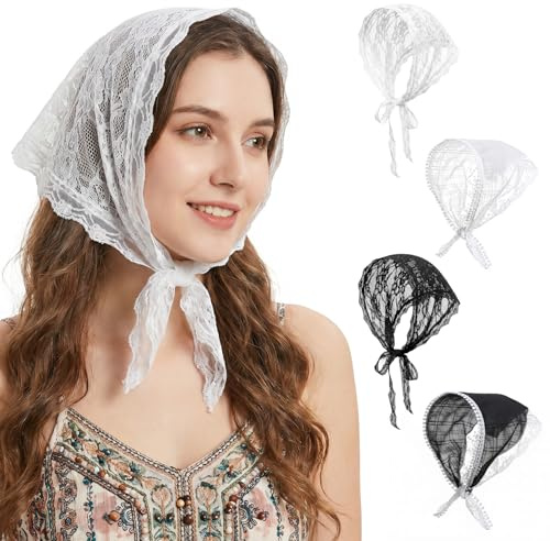 Tyqour Lot de 4 foulards triangulaires en dentelle pour femme - Noir et blanc - Style bohème - Accessoire pour cheveux